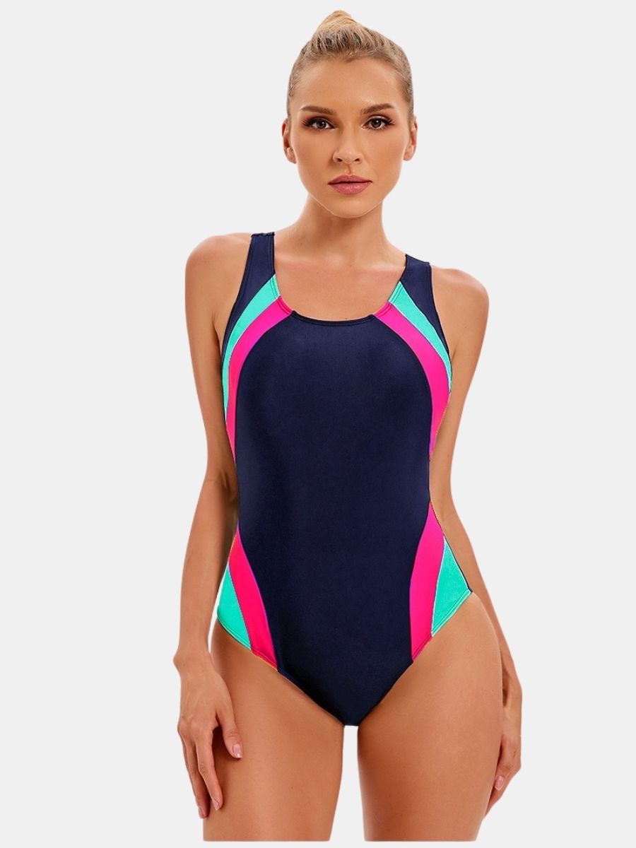 Colorblock Open Back Athletic One-piece Women Sports Swimwear