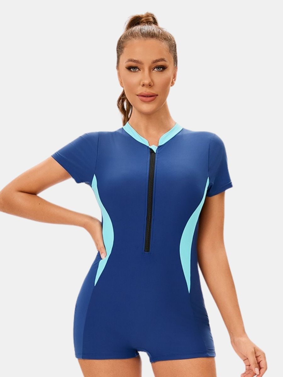 Boyleg Colorblock Front Zip Short Sleeve Athletic Women One-piece Sports Swimsuit
