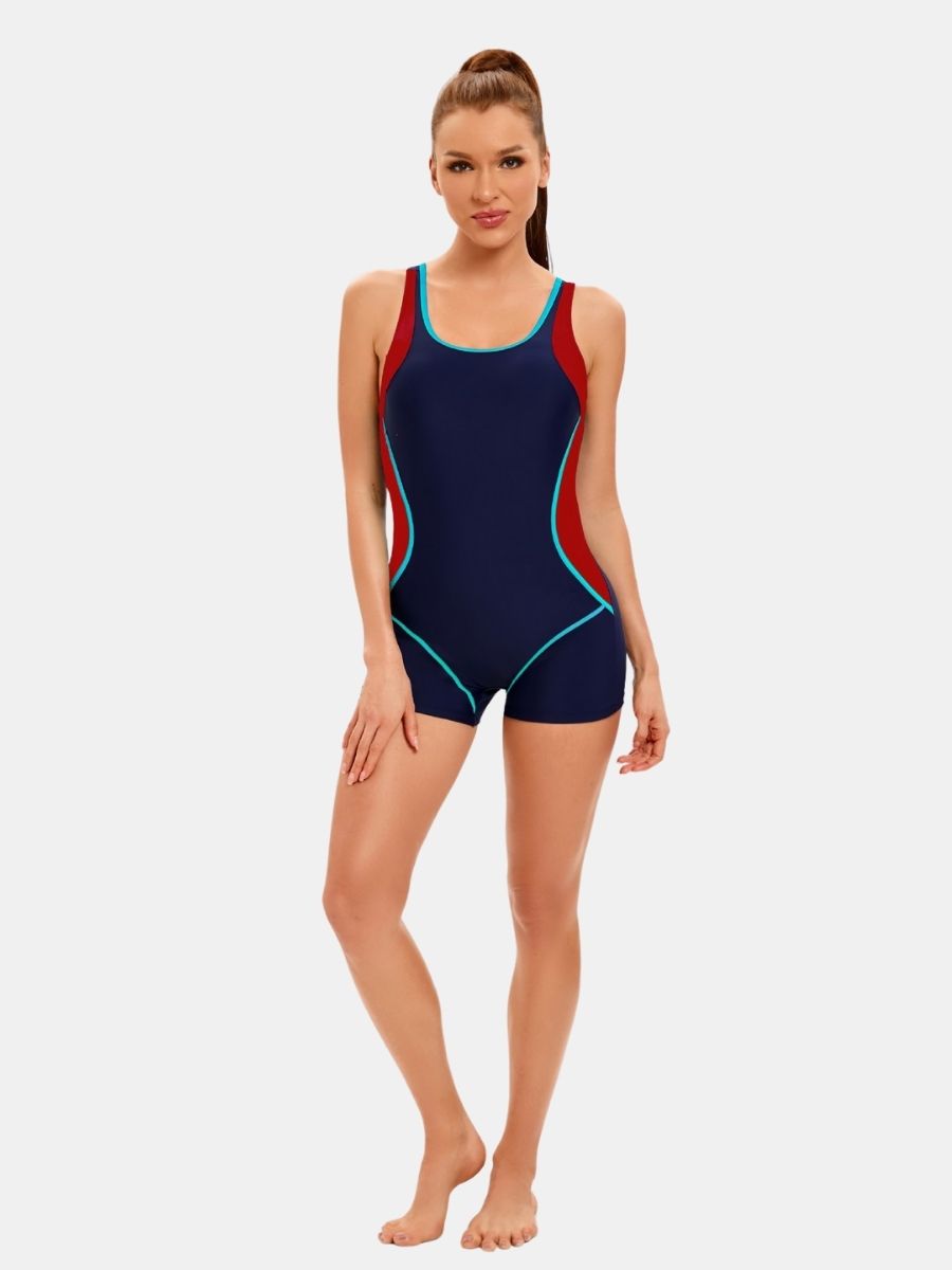 Boyleg Open Back Colorblock Athletic Women One-piece Sports Swimsuit