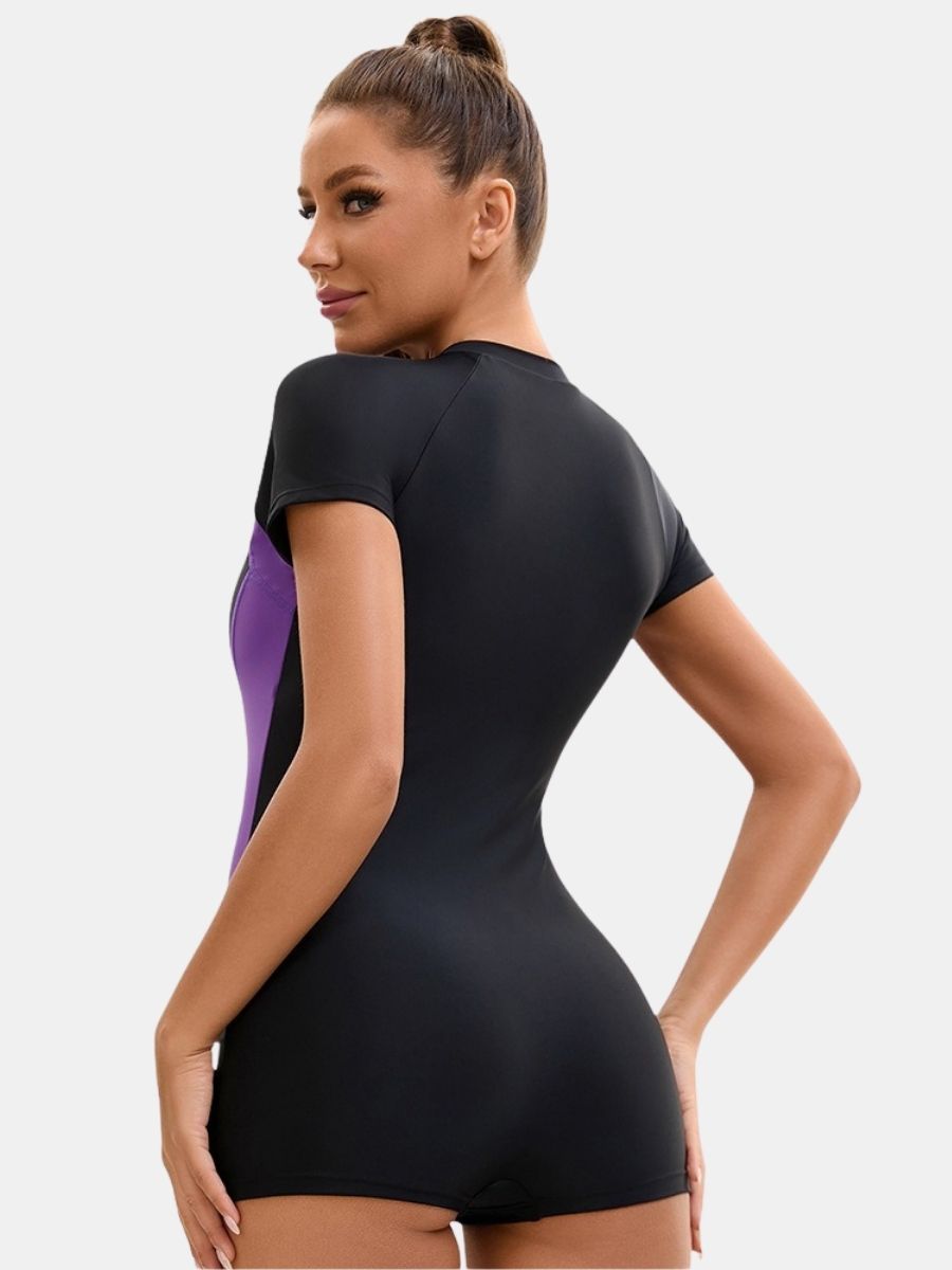 Front Zip Colorblock Boyleg Short Sleeve Athletic Women One-piece Sports Swimsuit
