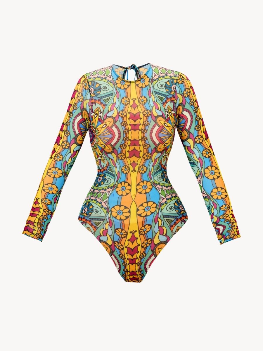 Boho Back Tie String Women Long Sleeve UPF50+ Rash Guard Swimsuit