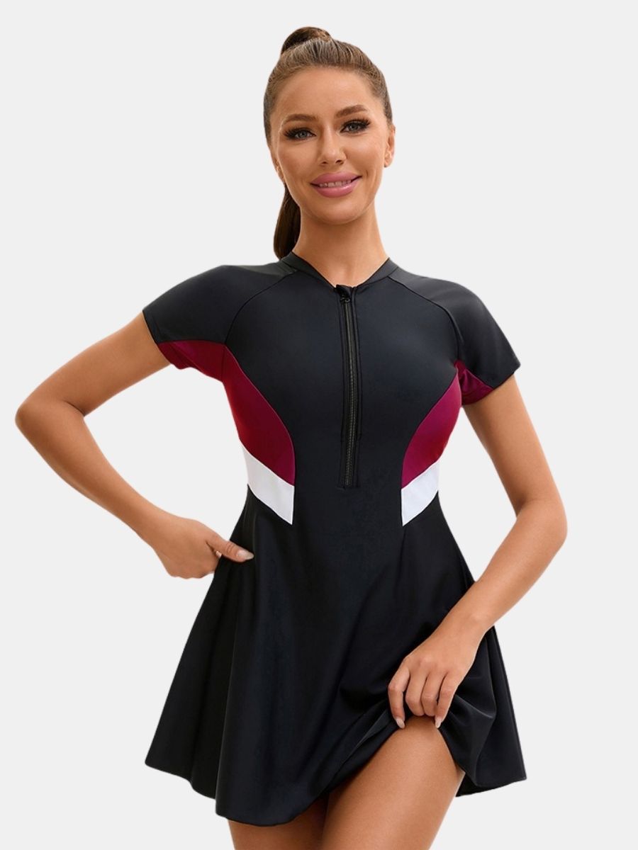 Short Sleeve Front Zip Athletic Women One-piece Sports Swimdress