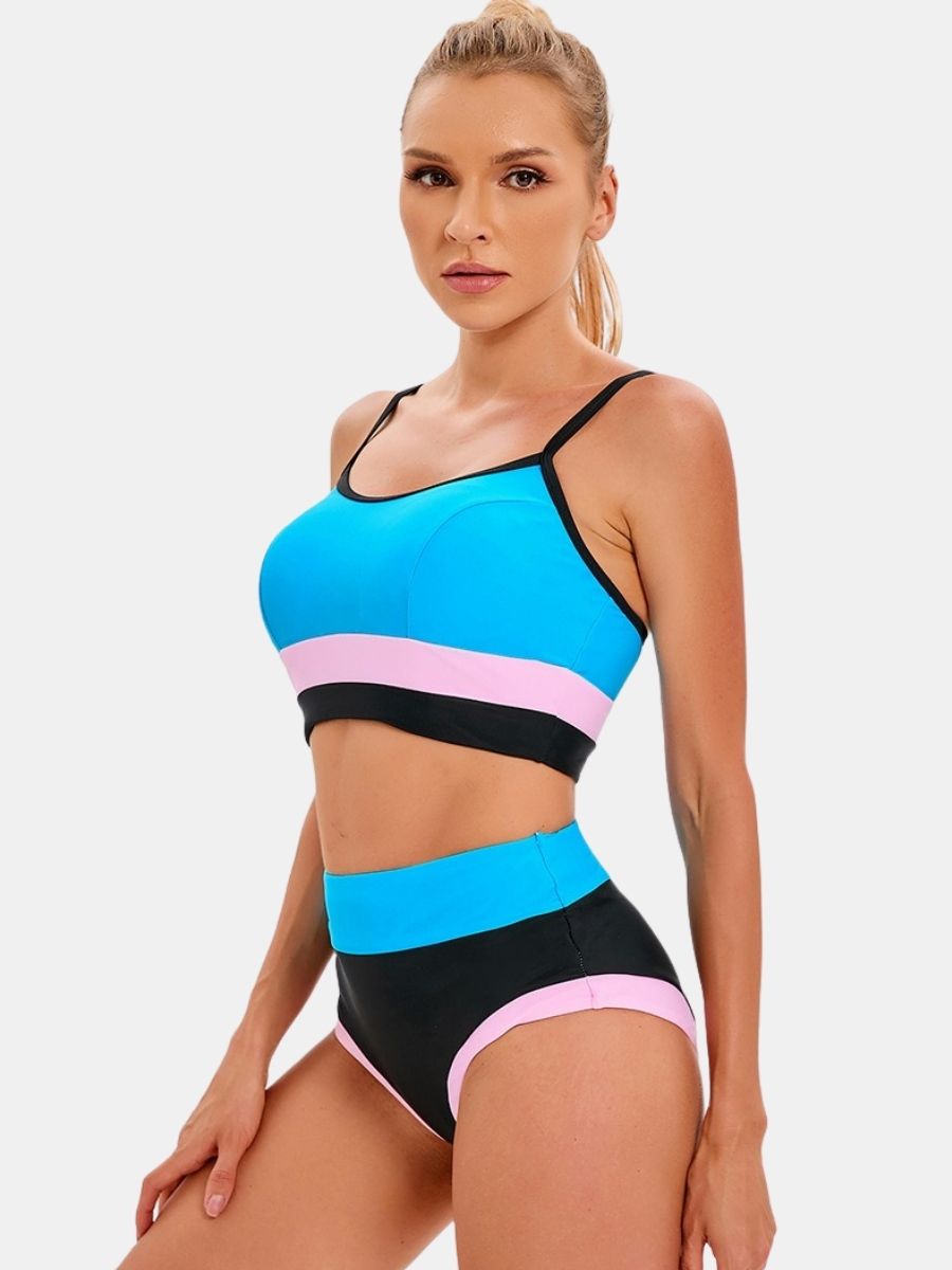 Thin Strap Athletic Colorblock Two-pieces Women Sports Swimsuit