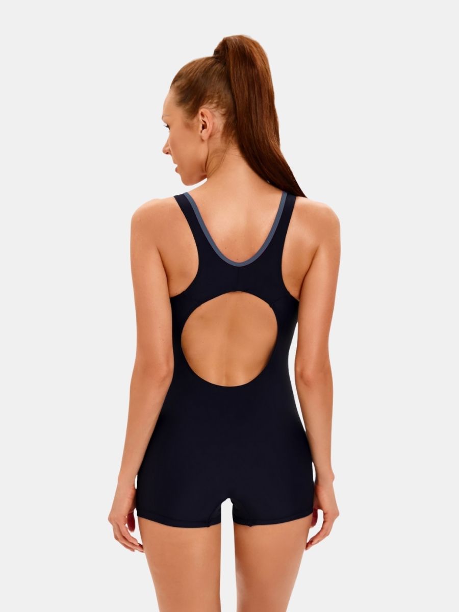 Boyleg Open Back Colorblock Athletic Women One-piece Sports Swimsuit