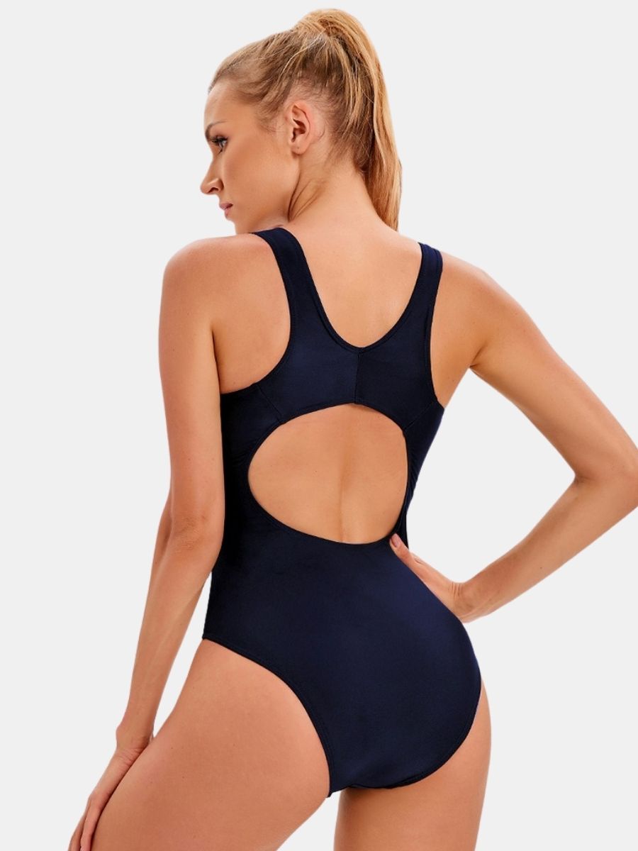 Colorblock Open Back Athletic One-piece Women Sports Swimwear