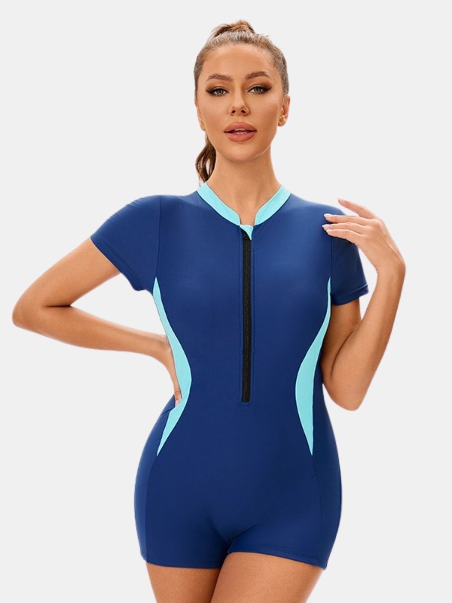Boyleg Colorblock Front Zip Short Sleeve Athletic Women One-piece Sports Swimsuit