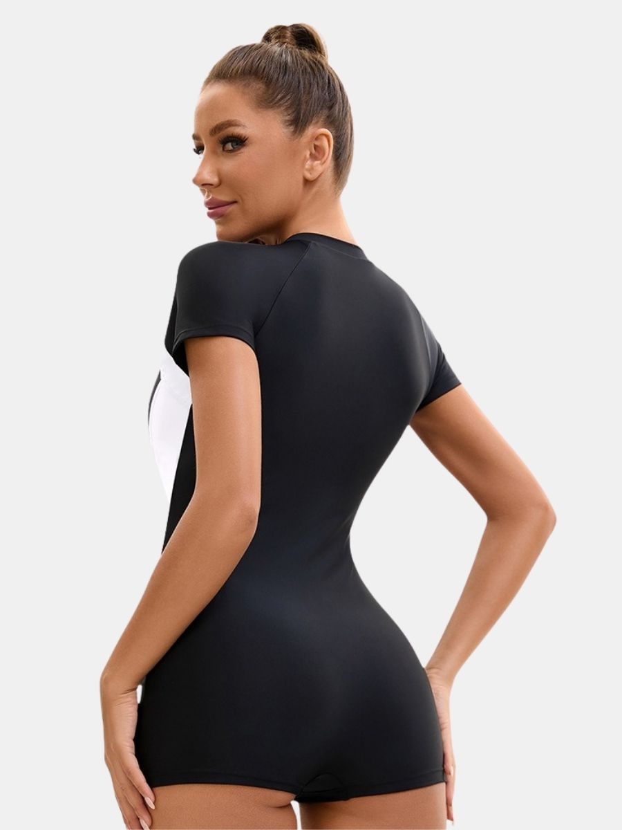 Front Zip Colorblock Boyleg Short Sleeve Athletic Women One-piece Sports Swimsuit