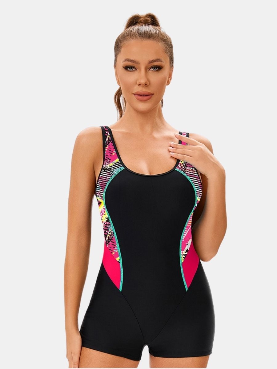 Colorblock Wide Strap Open Back Boyleg Athletic Women One-piece Sports Swimsuit