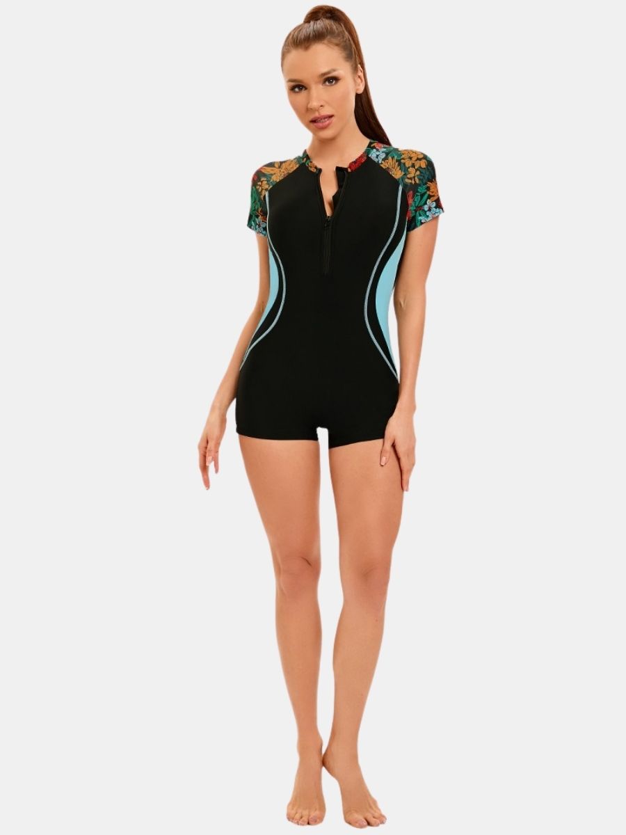 Front Zip Boyleg Floral Print One-piece Women Athletic Sports Swimwear