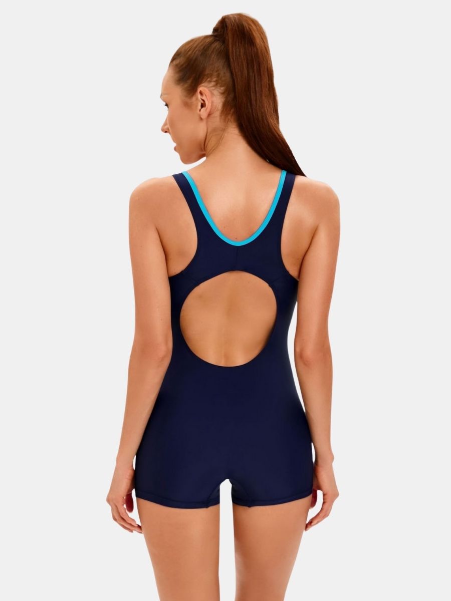 Boyleg Open Back Colorblock Athletic Women One-piece Sports Swimsuit