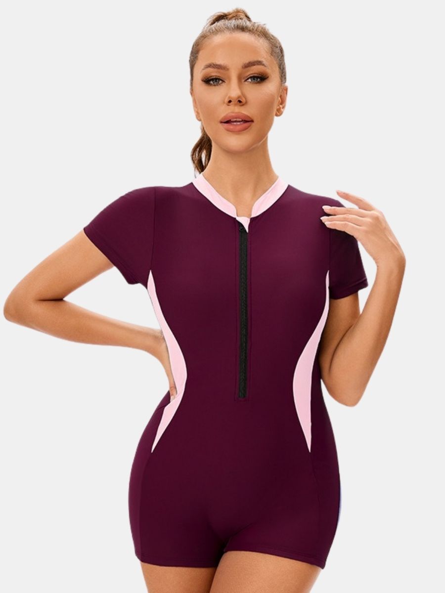 Boyleg Colorblock Front Zip Short Sleeve Athletic Women One-piece Sports Swimsuit
