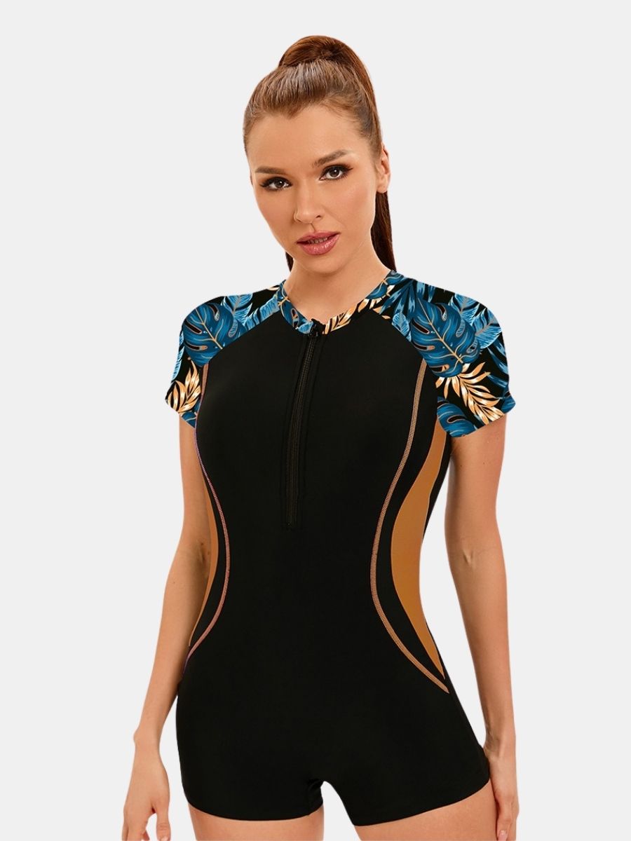 Front Zip Boyleg Floral Print One-piece Women Athletic Sports Swimwear