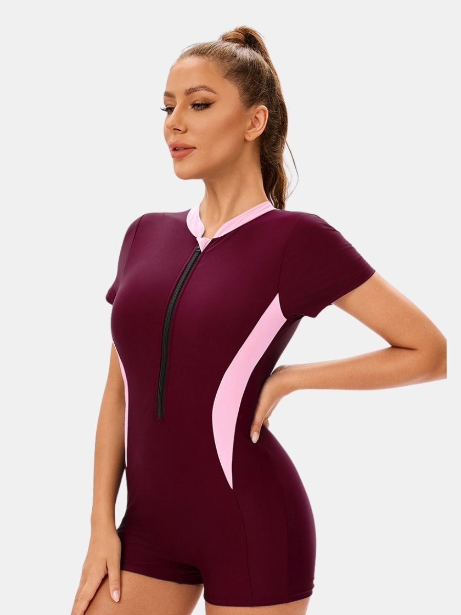 Boyleg Colorblock Front Zip Short Sleeve Athletic Women One-piece Sports Swimsuit