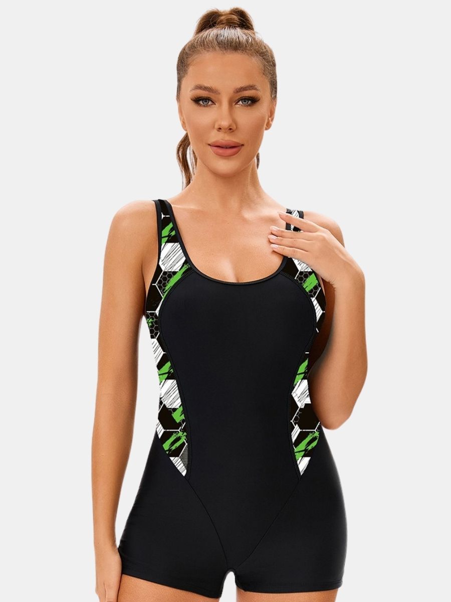 Colorblock Wide Strap Open Back Boyleg Athletic Women One-piece Sports Swimsuit