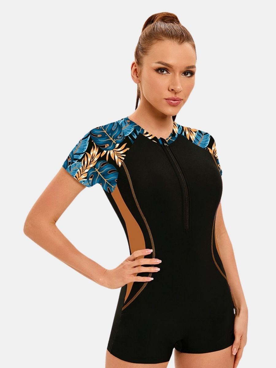 Front Zip Boyleg Floral Print One-piece Women Athletic Sports Swimwear