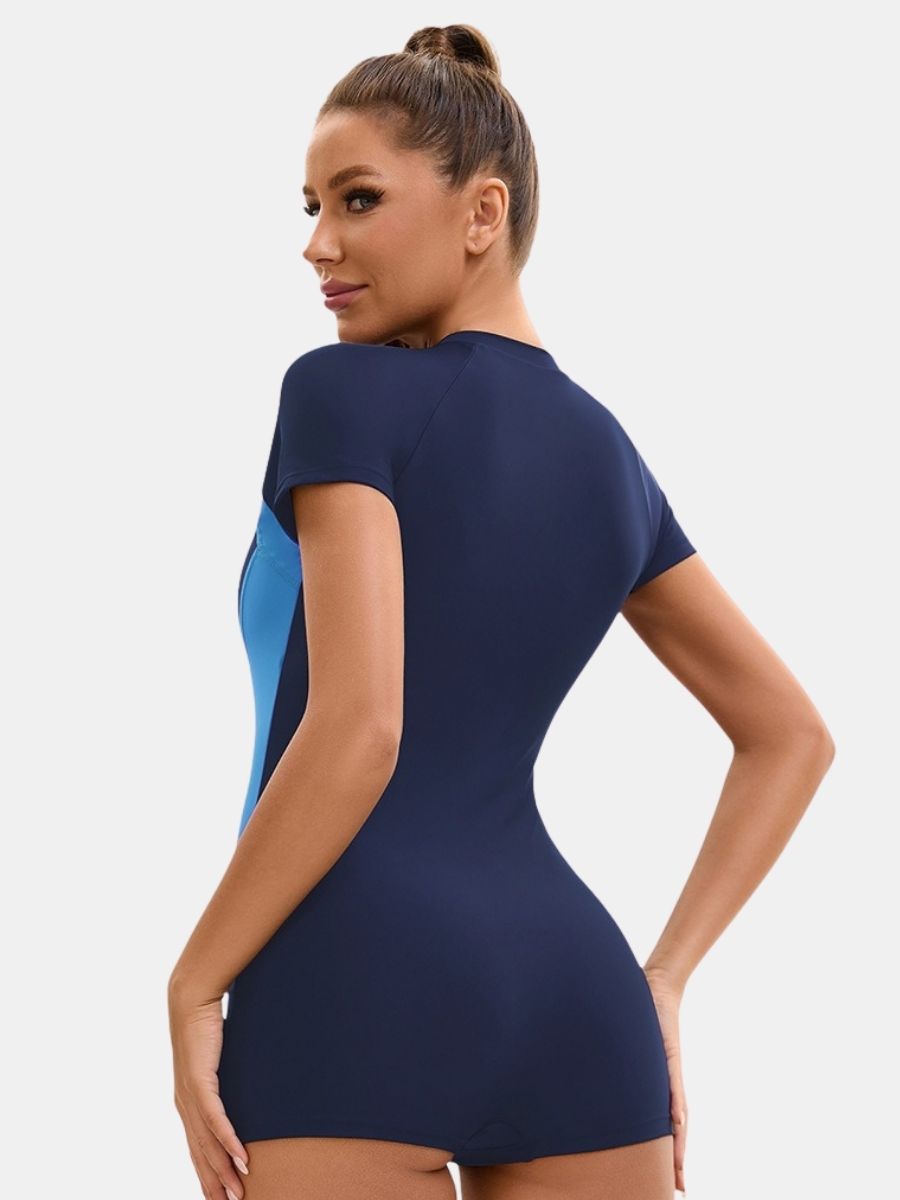 Front Zip Colorblock Boyleg Short Sleeve Athletic Women One-piece Sports Swimsuit