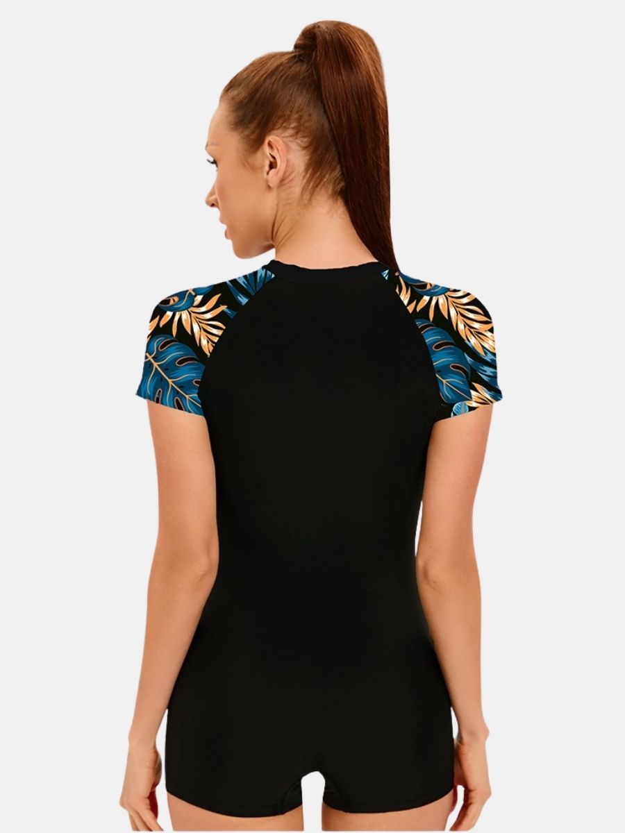 Front Zip Boyleg Floral Print One-piece Women Athletic Sports Swimwear