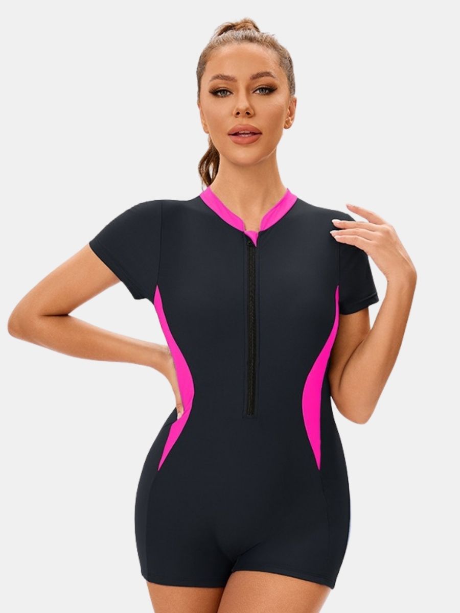 Boyleg Colorblock Front Zip Short Sleeve Athletic Women One-piece Sports Swimsuit