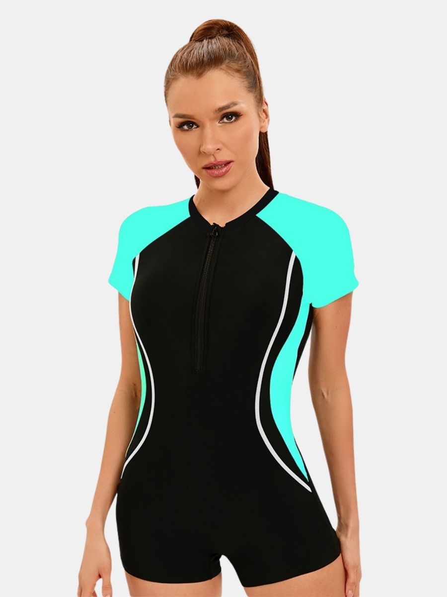 Front Zip Boyleg Floral Print One-piece Women Athletic Sports Swimwear