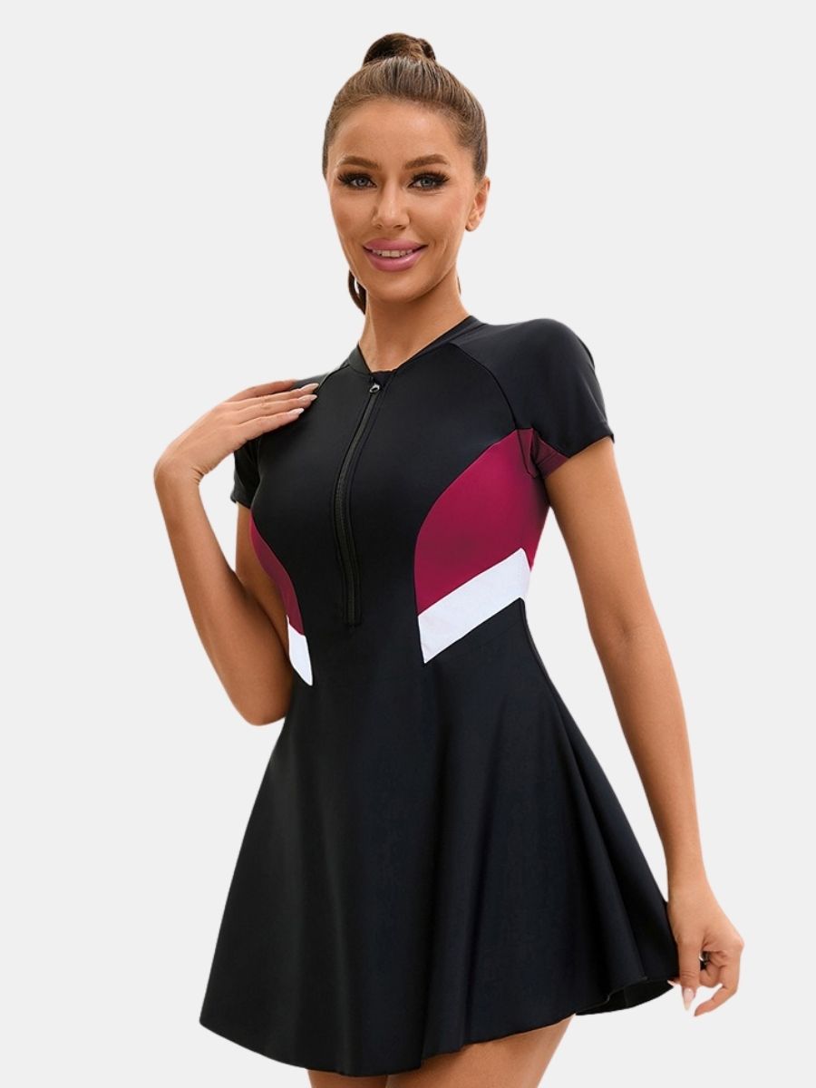 Short Sleeve Front Zip Athletic Women One-piece Sports Swimdress