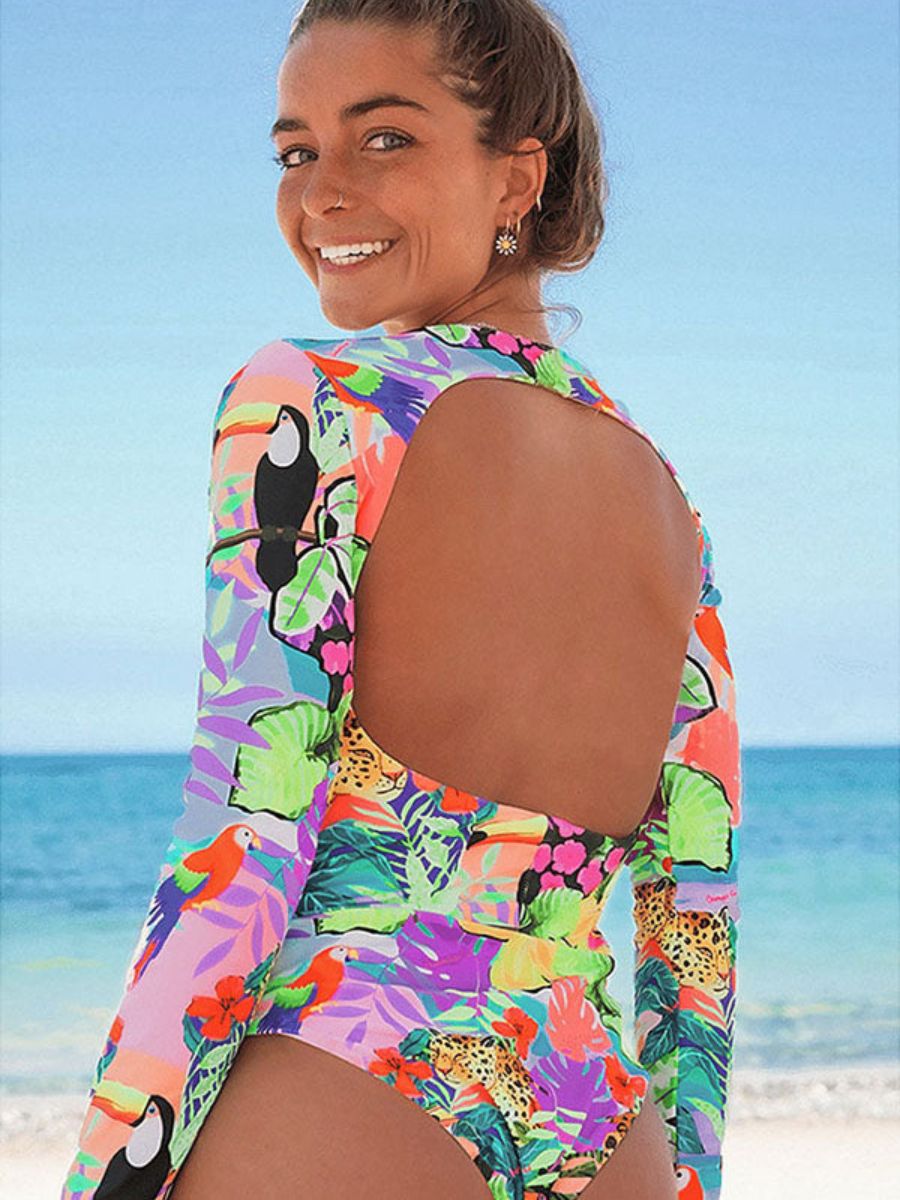 Tropical and Bird Print Backless UPF50+ Rash Guard