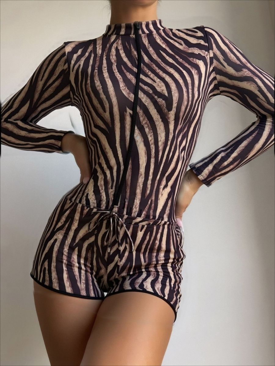 Leopard Print Two Pieces Women Long Sleeve UPF50+ Rash Guard Swimsuit