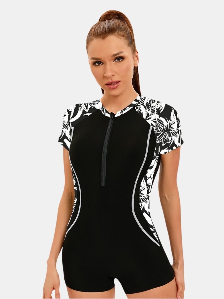 Front Zip Boyleg Floral Print One-piece Women Athletic Sports Swimwear