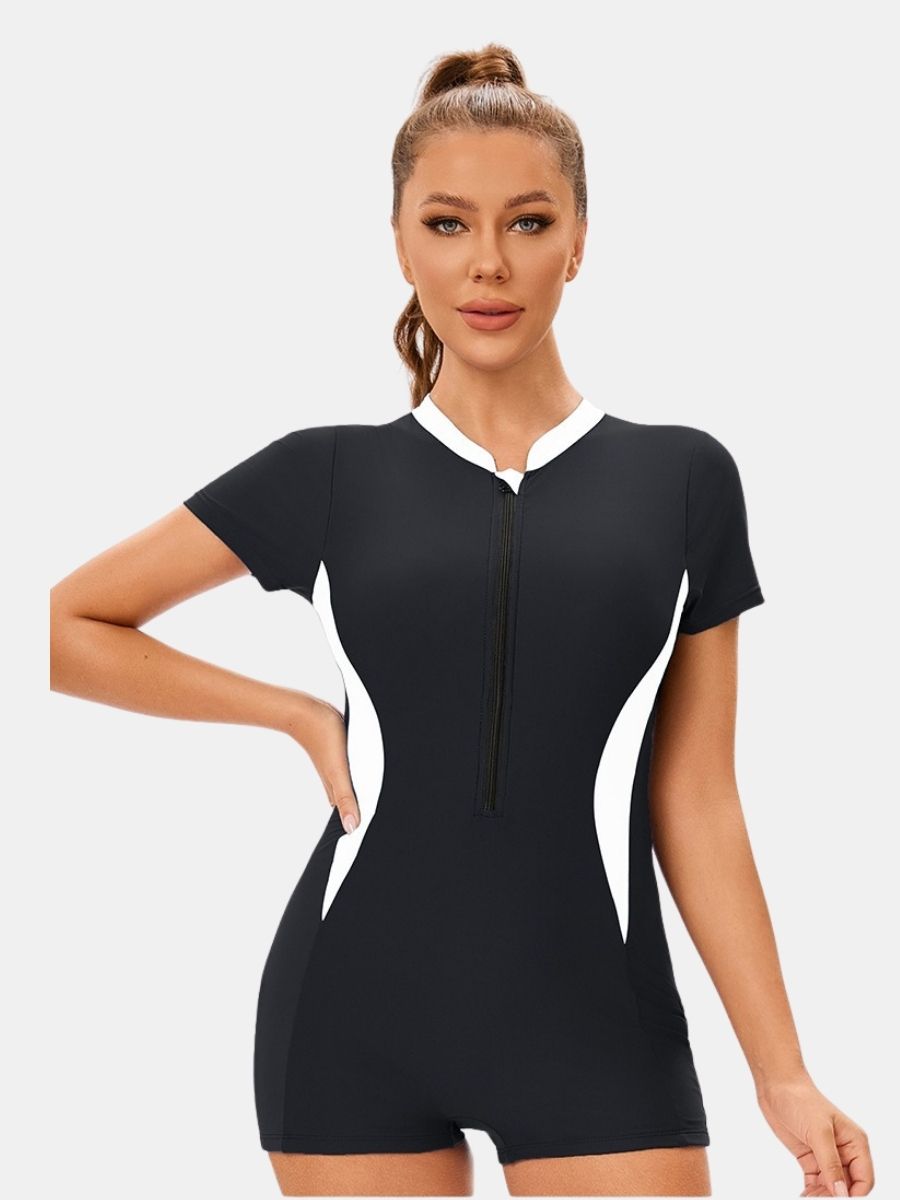 Boyleg Colorblock Front Zip Short Sleeve Athletic Women One-piece Sports Swimsuit