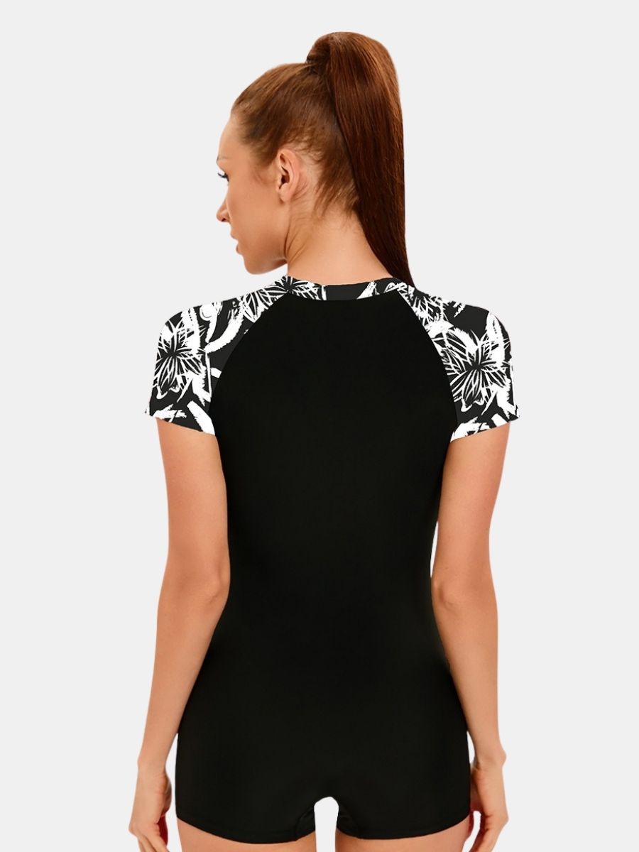 Front Zip Boyleg Floral Print One-piece Women Athletic Sports Swimwear