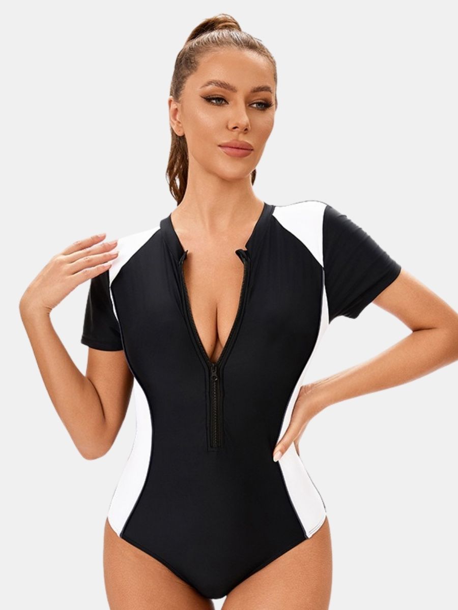 Colorblock Front Zip Short Sleeve Athletic Women One-piece Sports Swimsuit