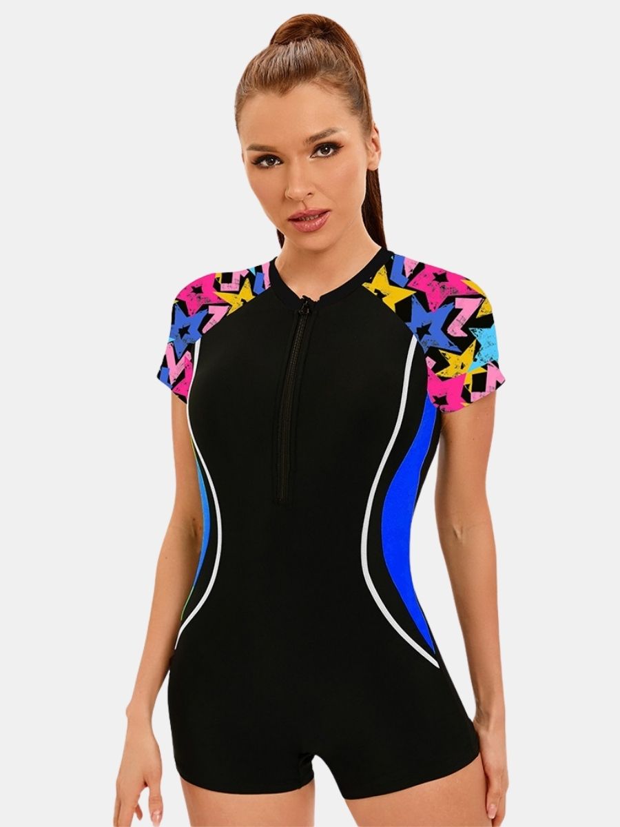 Front Zip Boyleg Floral Print One-piece Women Athletic Sports Swimwear
