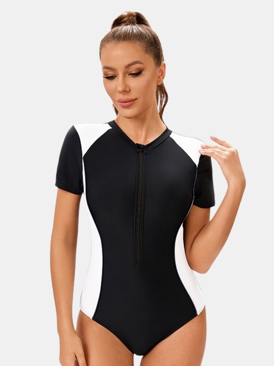 Colorblock Front Zip Short Sleeve Athletic Women One-piece Sports Swimsuit