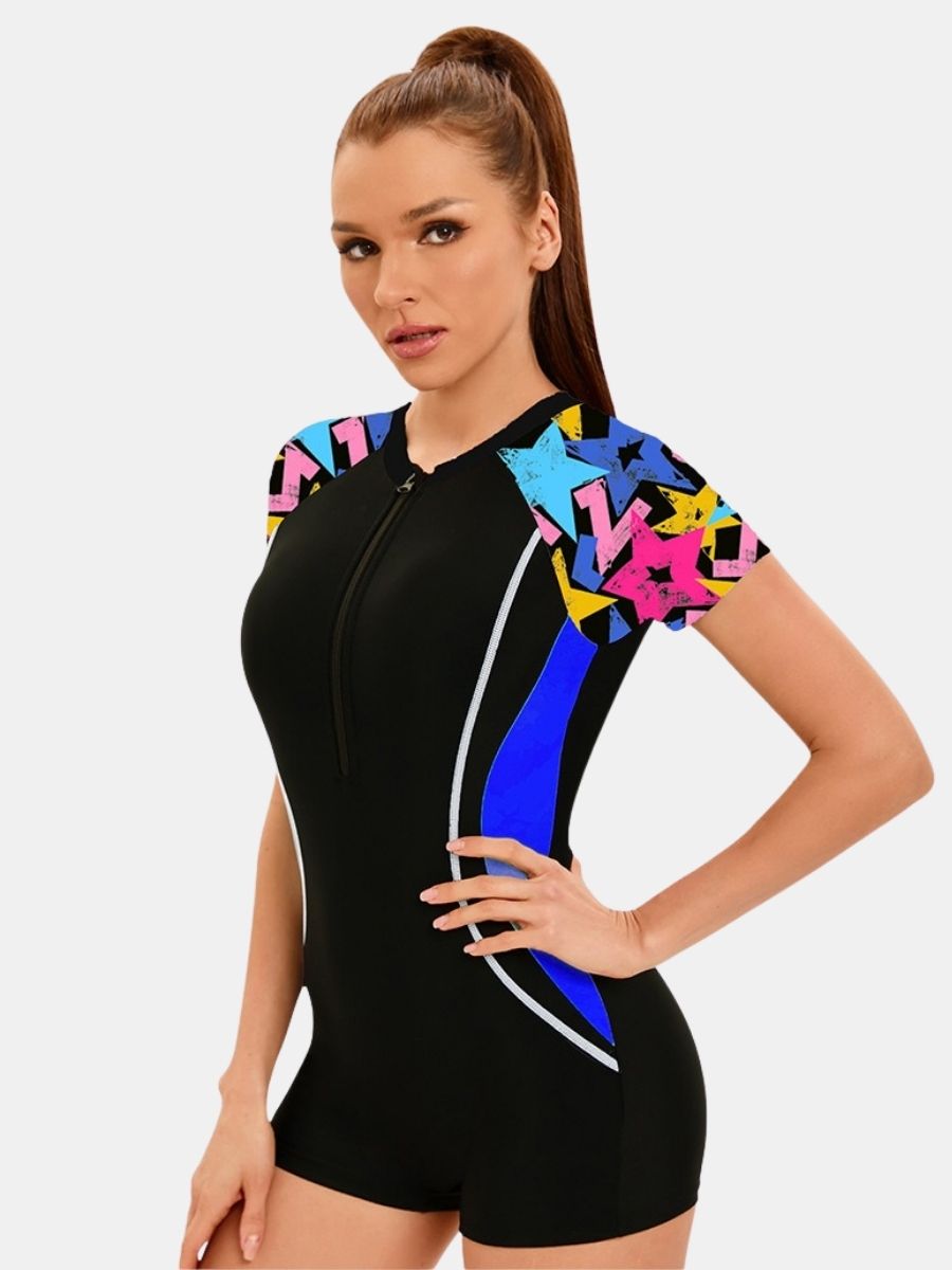 Front Zip Boyleg Floral Print One-piece Women Athletic Sports Swimwear