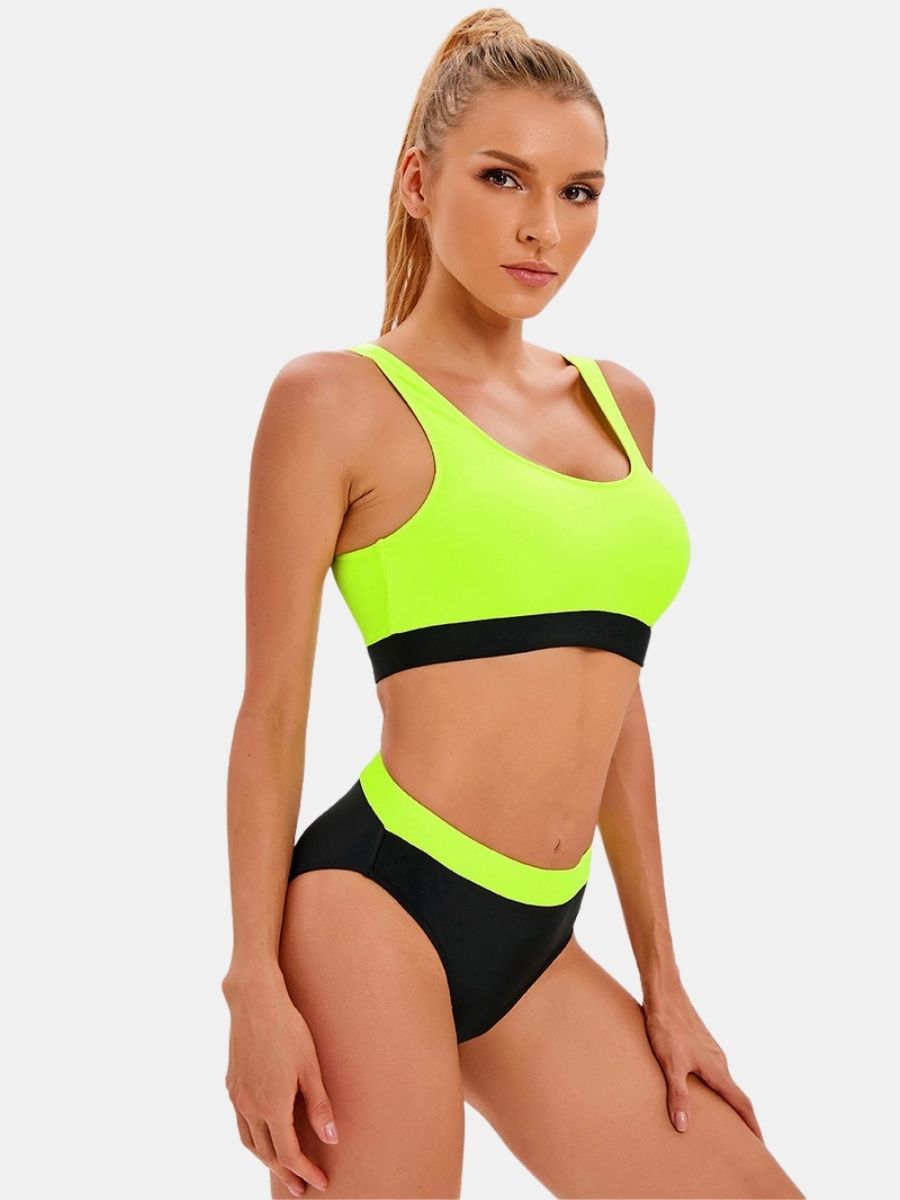 Colorblock High Waist Athletic Women Two-pieces Sports Swimsuit