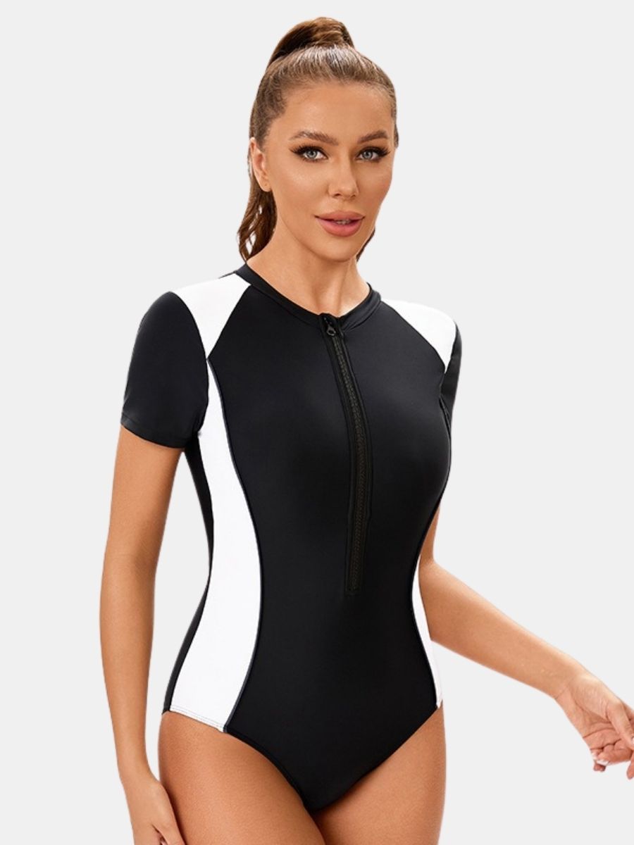 Colorblock Front Zip Short Sleeve Athletic Women One-piece Sports Swimsuit