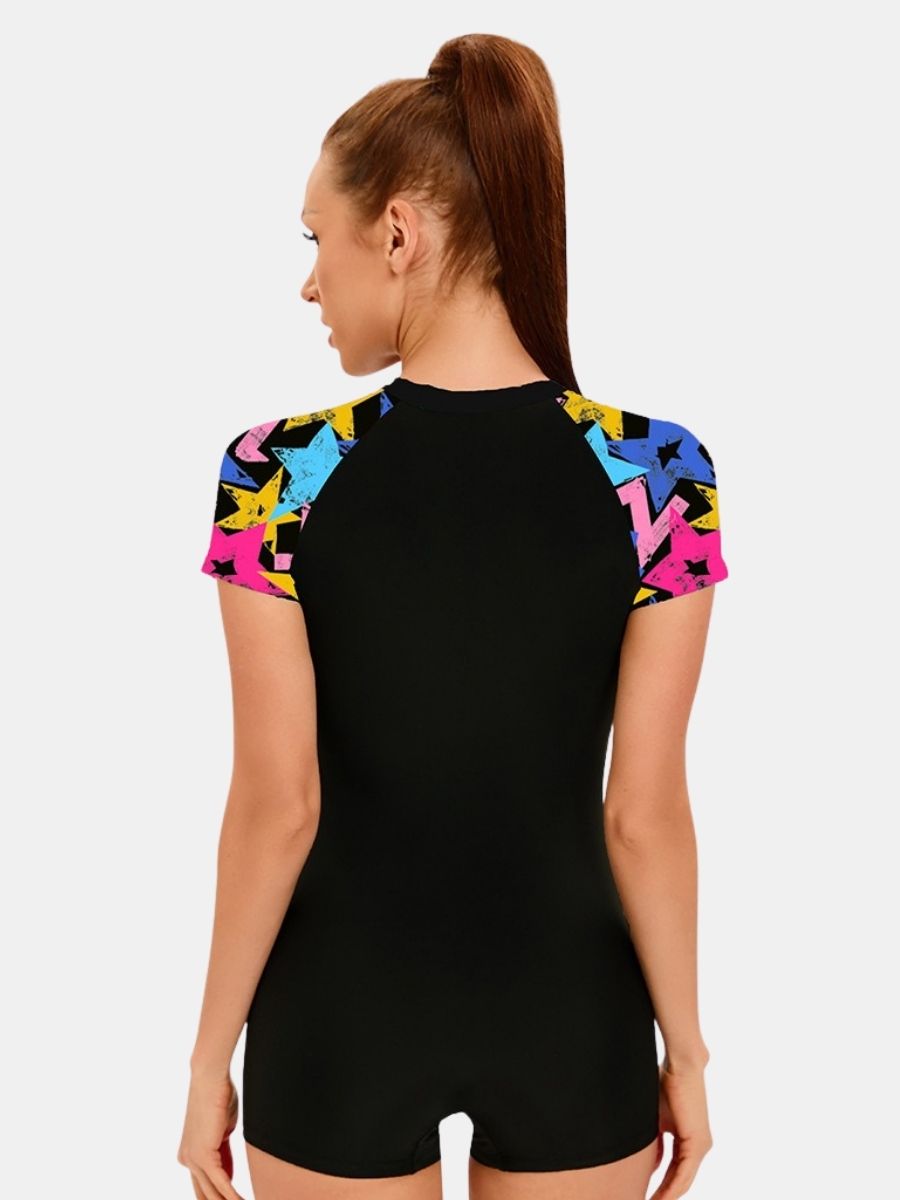 Front Zip Boyleg Floral Print One-piece Women Athletic Sports Swimwear