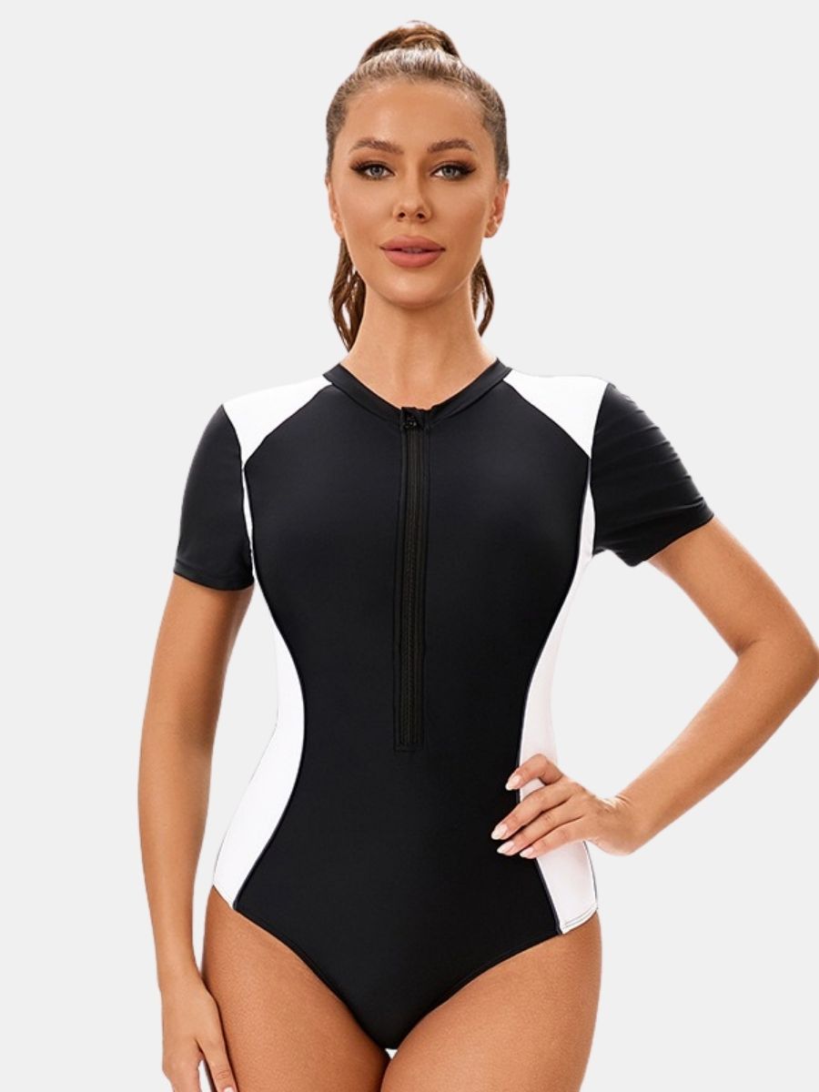 Colorblock Front Zip Short Sleeve Athletic Women One-piece Sports Swimsuit