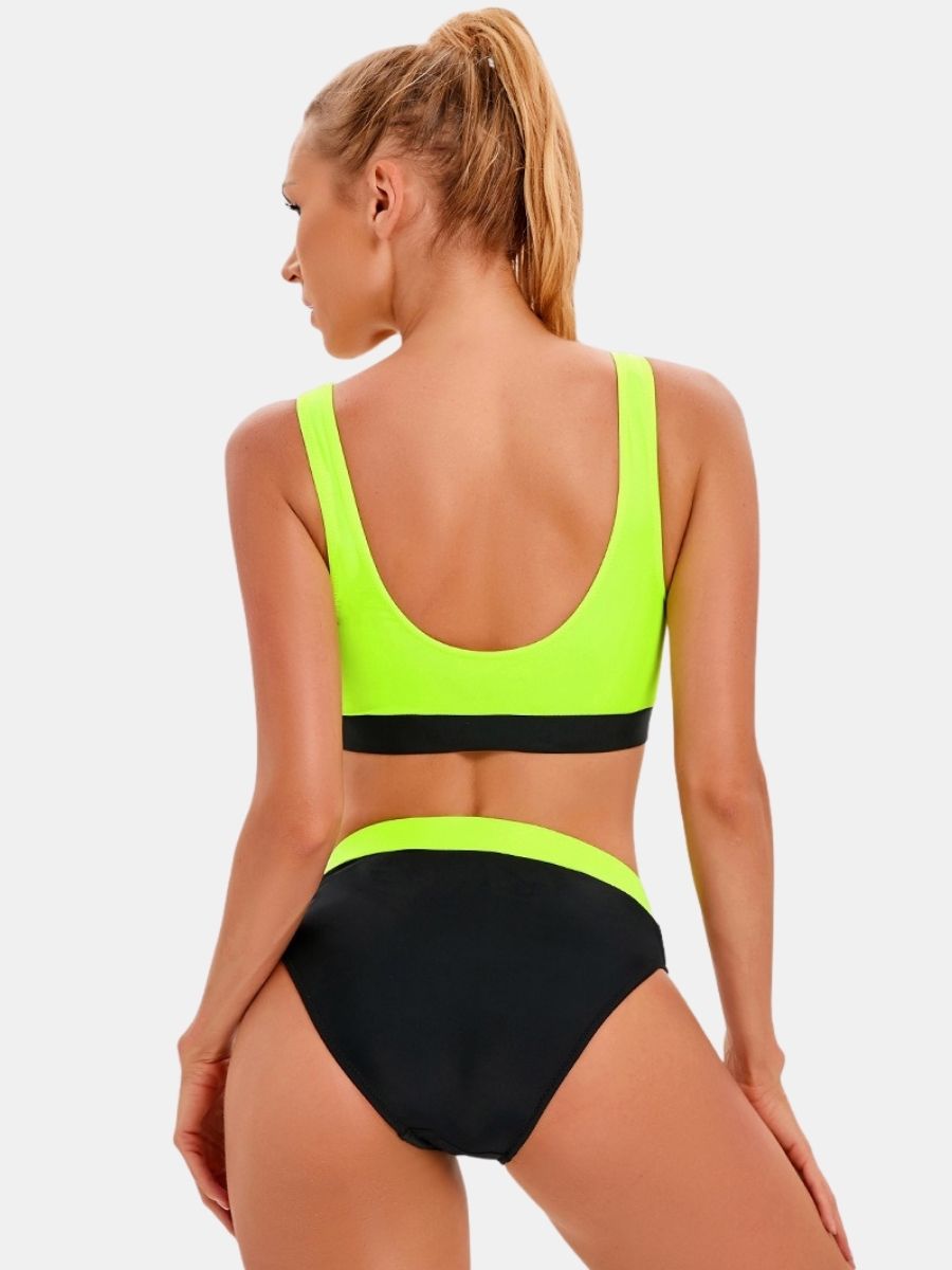 Colorblock High Waist Athletic Women Two-pieces Sports Swimsuit
