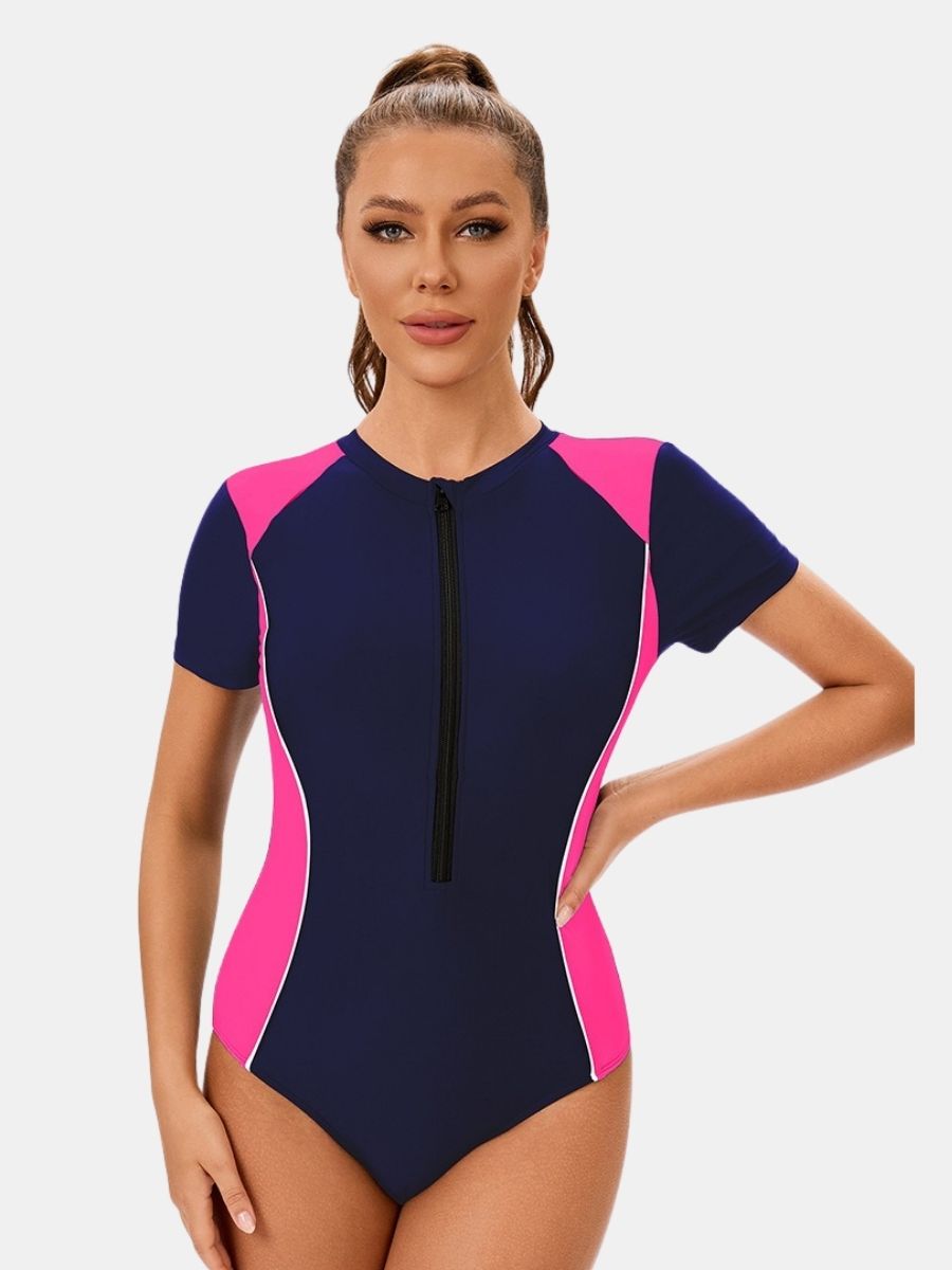 Colorblock Front Zip Short Sleeve Athletic Women One-piece Sports Swimsuit