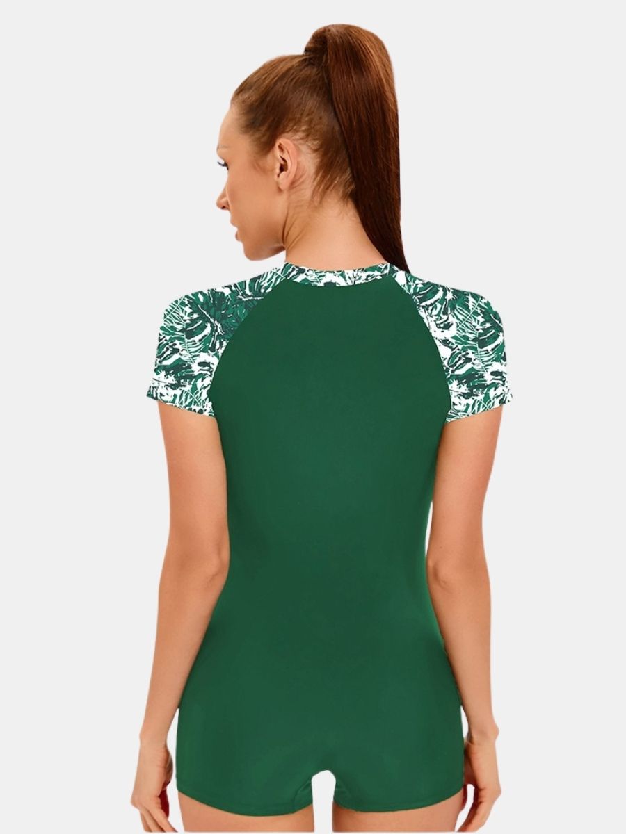 Front Zip Boyleg Floral Print One-piece Women Athletic Sports Swimwear