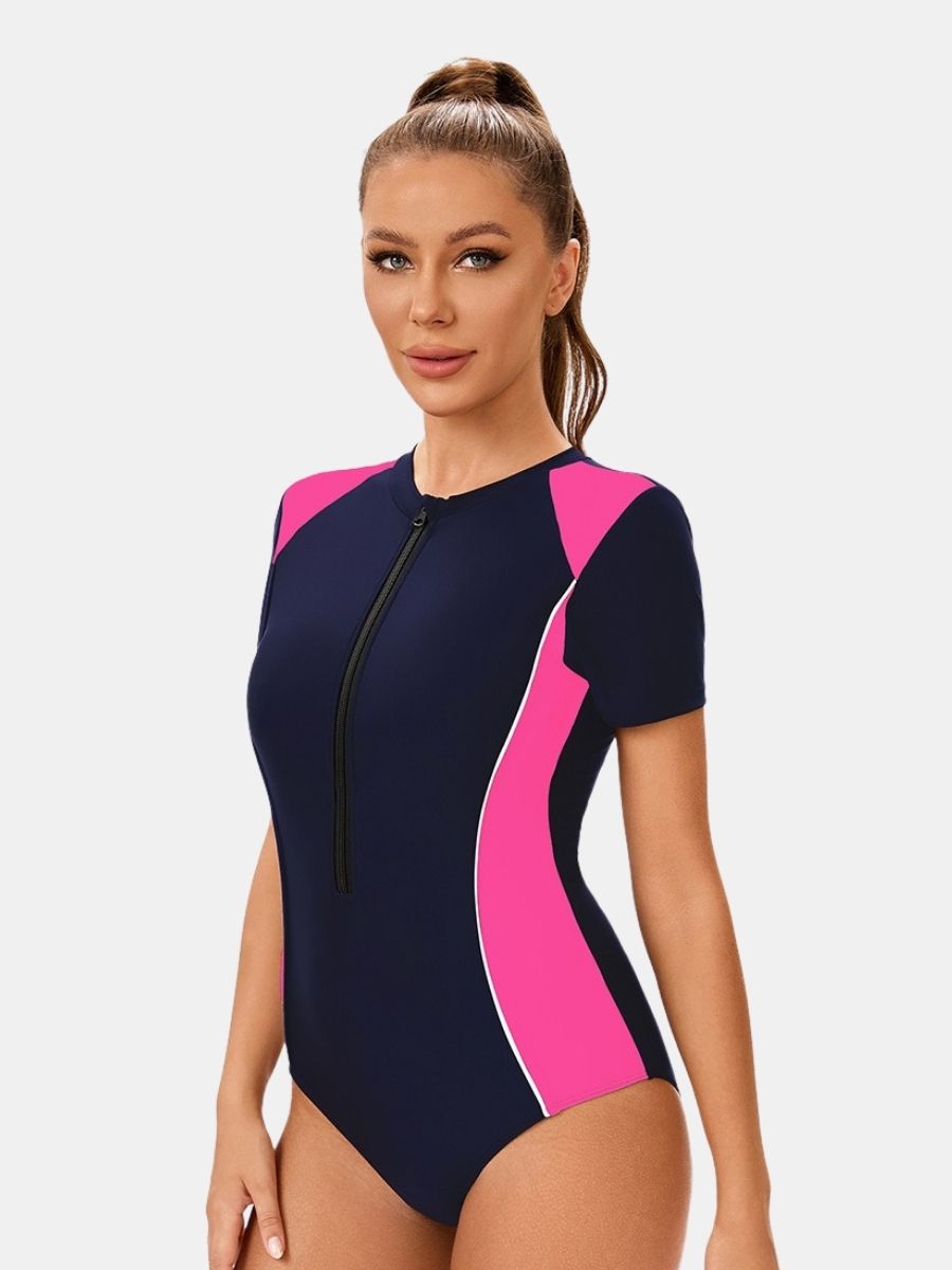 Colorblock Front Zip Short Sleeve Athletic Women One-piece Sports Swimsuit