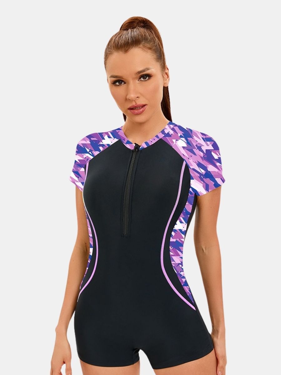 Front Zip Boyleg Floral Print One-piece Women Athletic Sports Swimwear