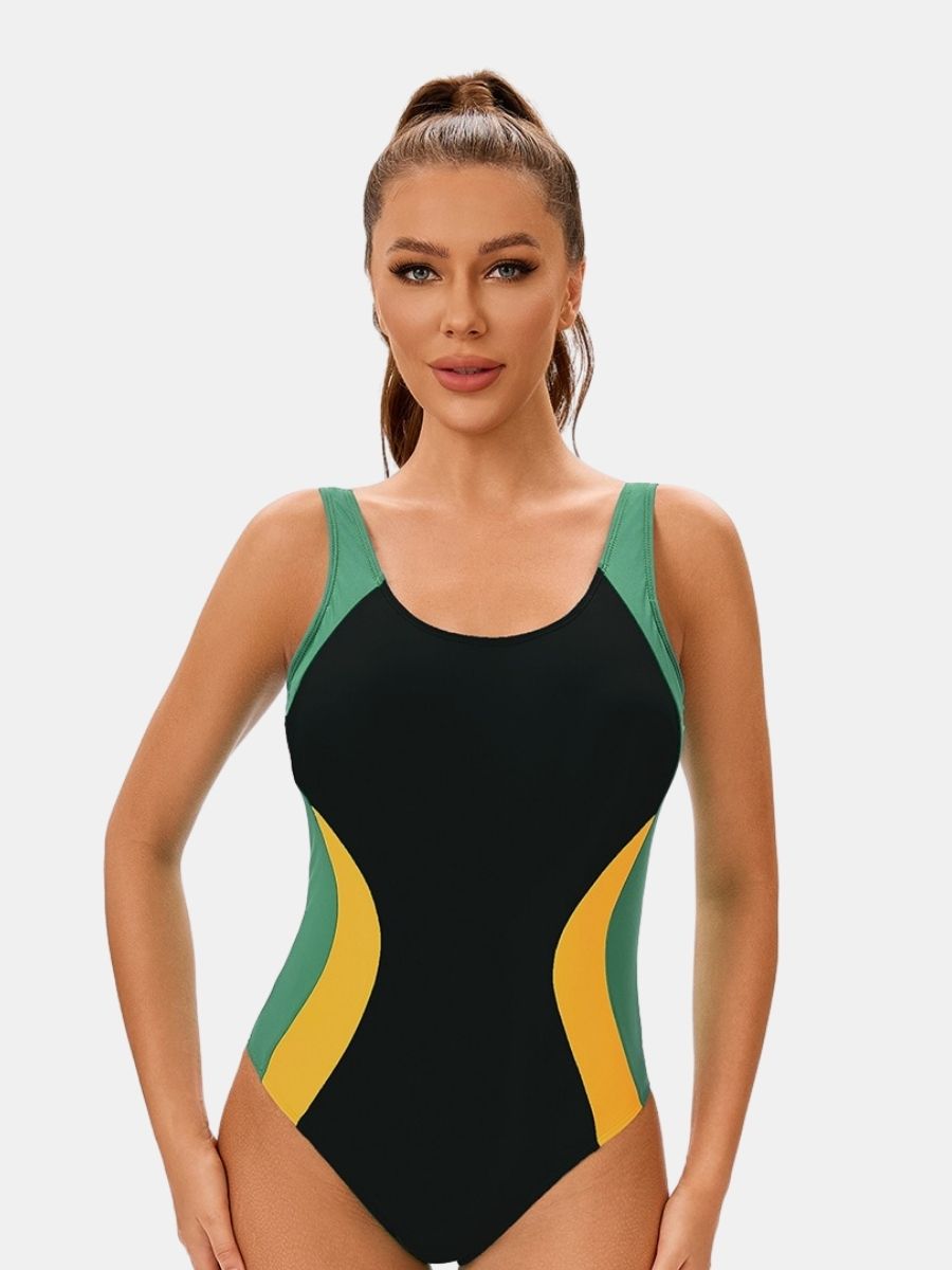 Colorblock Women Athletic One-piece Sports Swimwear