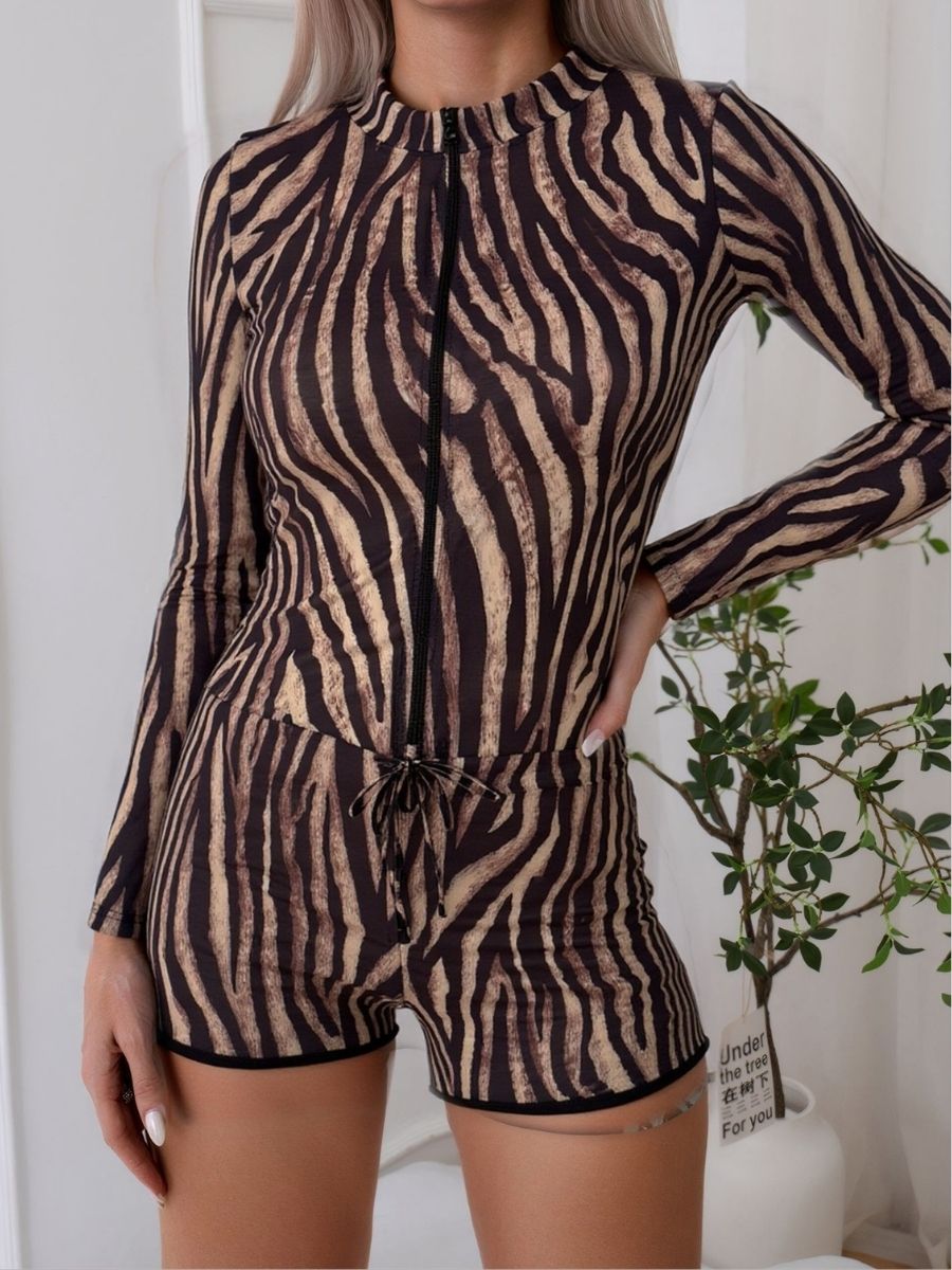 Leopard Print Two Pieces Women Long Sleeve UPF50+ Rash Guard Swimsuit