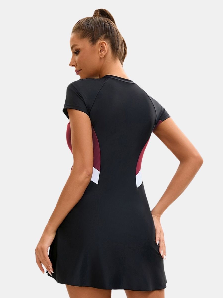 Short Sleeve Front Zip Athletic Women One-piece Sports Swimdress