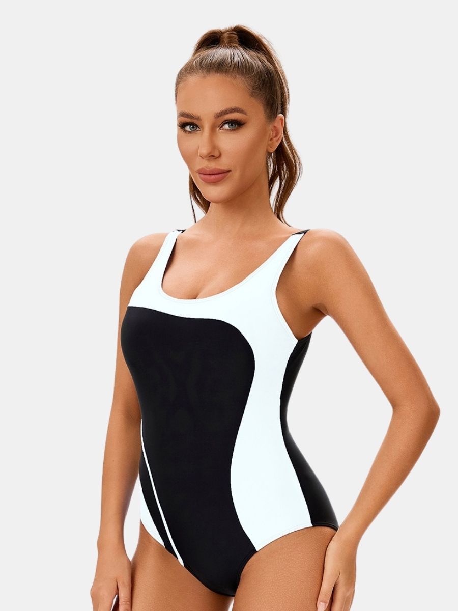 Colorblock Backless Athletic Women One-piece Sports Swimsuit
