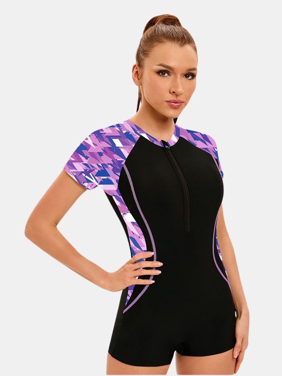 Front Zip Boyleg Floral Print One-piece Women Athletic Sports Swimwear