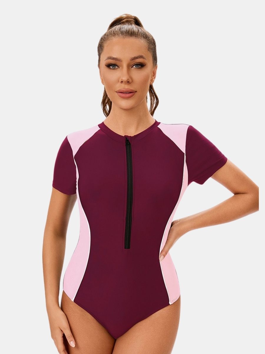 Colorblock Front Zip Short Sleeve Athletic Women One-piece Sports Swimsuit