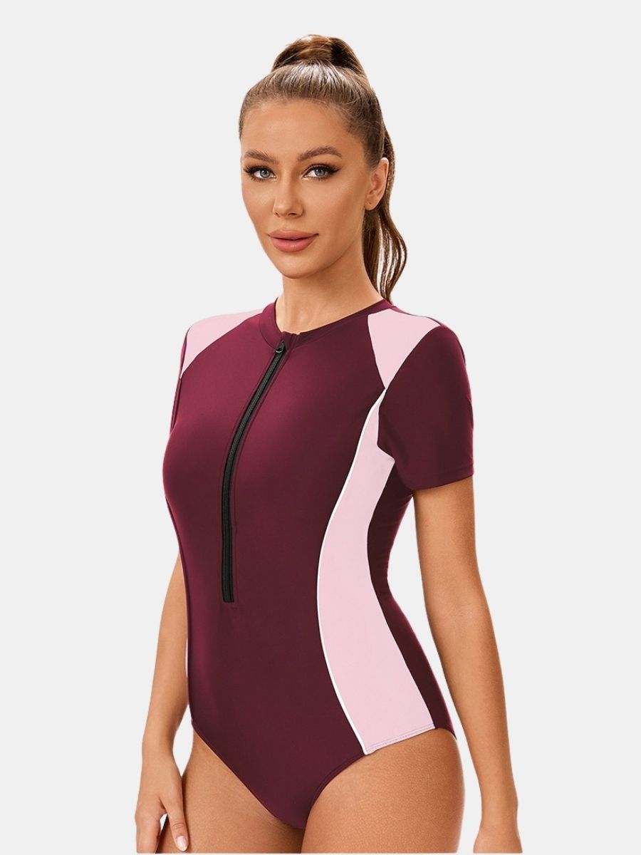 Colorblock Front Zip Short Sleeve Athletic Women One-piece Sports Swimsuit