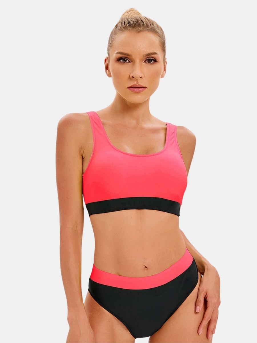 Colorblock High Waist Athletic Women Two-pieces Sports Swimsuit